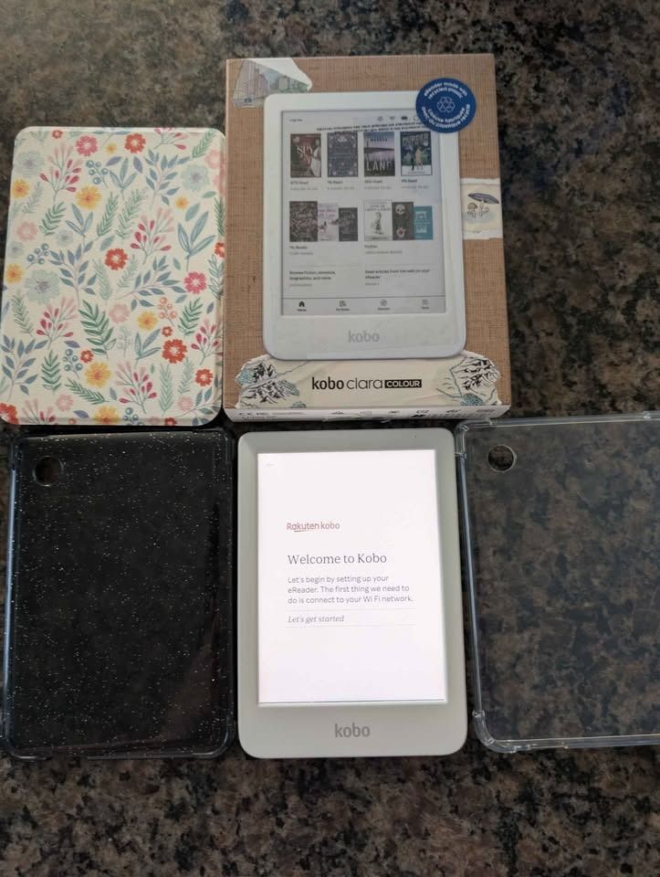 Kobo Clara Colour • 16GB White + Extra Cases (Category: E-Readers) located in Manila. Submitted by nathanzvg (Listing ID 1471048563, Image 1). Description: Condition: Very good Status: Available 🟢 Kobo Clara Colour with 16GB storage, pre-owned in like-new condition. Features a 6-inch colour E Ink display, adjustable front light, and USB-C charging. Includes 3 cases and original packaging..