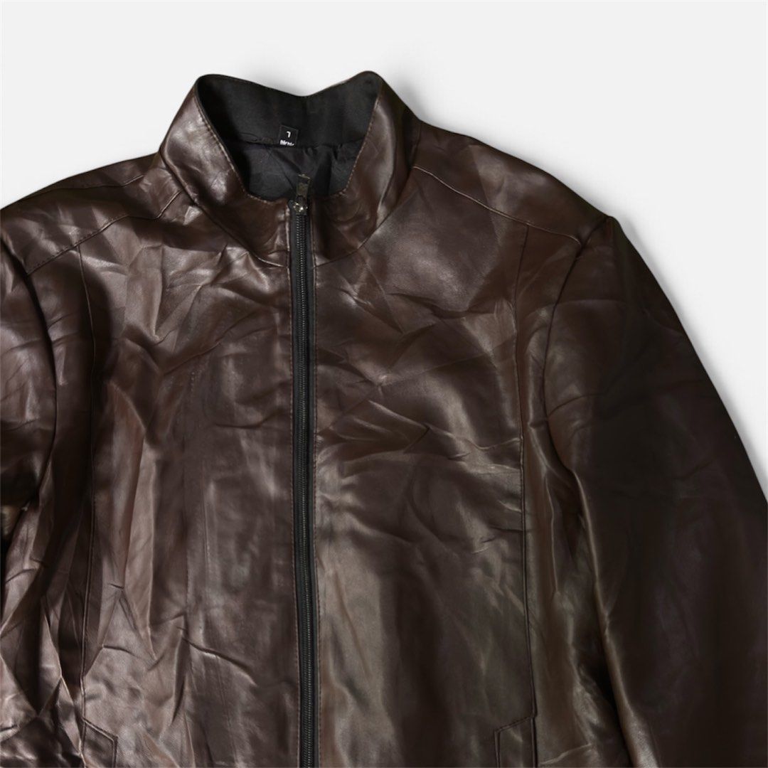 Korean Brown Faux Leather Zip-Up Jacket (Category: Coats, Jackets and Outerwear) located in Cagayan de Oro. Submitted by caspian_thrift (Listing ID 1471014503, Image 3). Description: 21x26.8 Excellent Condition No Issue.