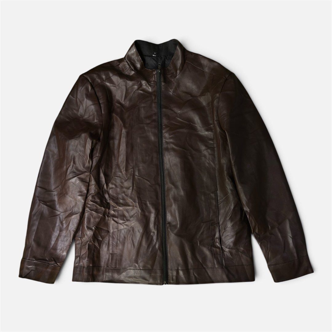Korean Brown Faux Leather Zip-Up Jacket (Category: Coats, Jackets and Outerwear) located in Cagayan de Oro. Submitted by caspian_thrift (Listing ID 1471014503, Image 1). Description: 21x26.8 Excellent Condition No Issue.