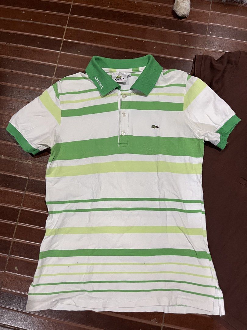 Lacoste (for womens) for take all (Category: Shirts) located in Davao. Submitted by daveespino81318 (Listing ID 1470937605, Image 3). Description: For take all womens lacoste Details: Brown - have good sunfade sa collar, w18 L24 (size Xs) Green have minimal 1 dot stain, w16 L23.5 (size Xss) Blue - No issue, w19 L26 (size medium) Orange - Sold Pm for more details.