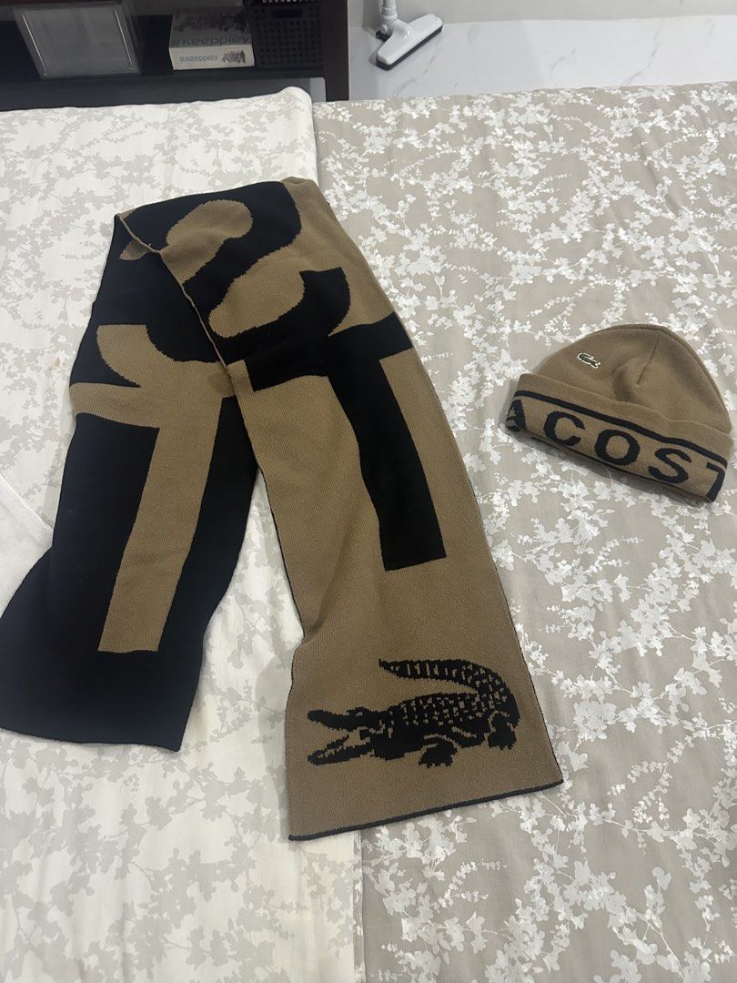Lacoste Wool Scarf and Beanie Set Brown Black (Category: Scarves) located in Quezon City. Submitted by _samanthajyc (Listing ID 1471061403, Image 1). Description: - Brand: Lacoste - Set: Matching scarf and beanie combo - Colorway: Brown and black with large branding text and classic croc logo - Material: 100% wool, super warm for cold weather - Size: Unisex, one size fits all - Condition: Brand new with clean tags attached inside.