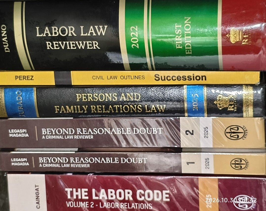 LAW BOOKS (SET) FOR SALE (Category: Textbooks) located in Batangas. Submitted by engineer.peeps (Listing ID 1471091199, Image 1). Description: Selling my law books as a set for Php 4.5k NEGOTIABLE FOR SURE BUYERS. Message me for inquiries. Labor Relations Law - no markings Labor Law Reviewer - no markings/unused Criminal Law Reviewer Volume 1 - unused Criminal Law Reviewer Volume 2 - unused Persons and Family Relations Law - with markings Success