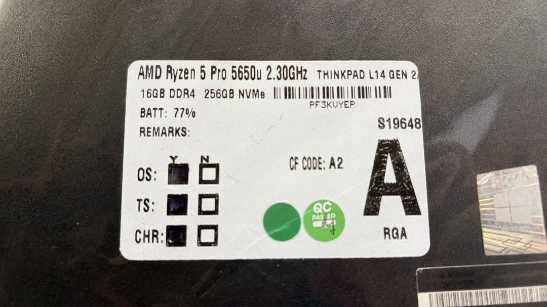 Lenovo ThinkPad L14 Gen 2 Ryzen 5 Pro (Category: Laptops & Notebooks) located in Manila. Submitted by jlyn14 (Listing ID 1471013748, Image 2). Description: - Model: Lenovo ThinkPad L14 Gen 2 (Verified via rear sticker) - Processor: AMD Ryzen 5 Pro 5650U @ 2.30GHz - Memory: 16GB DDR4 RAM - Storage: 256GB NVMe SSD - Battery Health: 77% capacity - Condition: Wrapped in protective plastic, ready for work or school tasks.