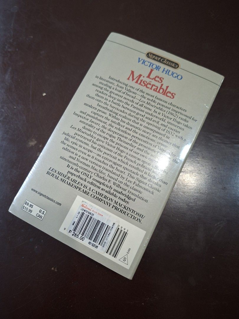 Les Misérables by Victor Hugo Signet Classics Paperback (Category: Storybooks) located in Manila. Submitted by sundaydaisies (Listing ID 1471114813, Image 3). Description: Title: Les Misérables by Victor Hugo Edition: Signet Classics, Complete and Unabridged Format: Paperback - Condition: Still sealed and looks like new. may have light yellowing on side of paper (see photos) - Perfect for: Classic literature fans and musical theater lovers Messag
