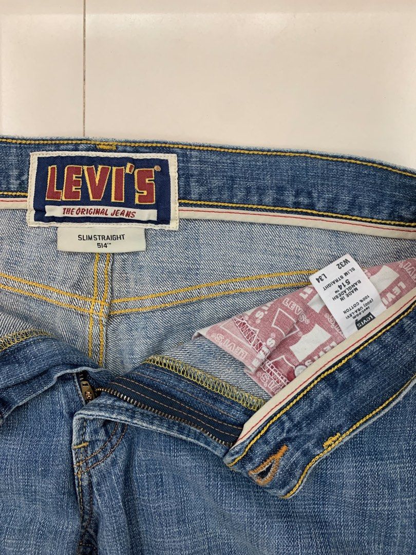 Levi’s 514 Straight Jeans (W32) (Category: Jeans) located in Mabalacat. Submitted by thriftkolangmagbenta (Listing ID 1471107066, Image 3). Description: Classic Levi’s 514 Slim Straight in medium blue wash. 100% cotton. factory blank red tab. Good used condition. Measurements: • Waist: 32 in • Length: 44 in • Thigh: 11 in • Hem: 8.5 in.