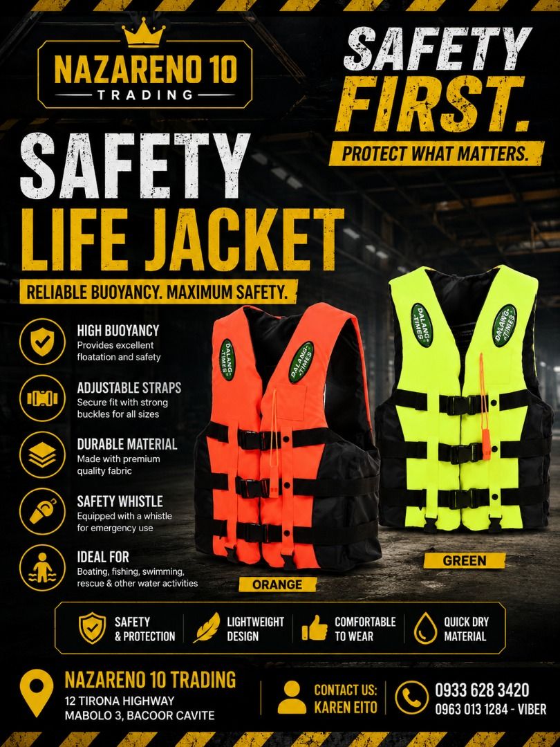 Life Jacket Safety Vest (Category: Looking For) located in Bacoor. Submitted by kajezame.2021 (Listing ID 1470938794, Image 1). Description: Life Jacket Safety Vest For More Details and Discount Contact Ms. Karen NAZARENO 10 TRADING 0963 0131 284 0933 6283 420 0956 7028 557 0933 8559 510 Landline: Look for Ms. Karen (046 ) 416 3920 Also available: • Traffic cone • Parking Block stopper • Hooded trash bin • Road Plastic Barrier • Spill boom • Fish