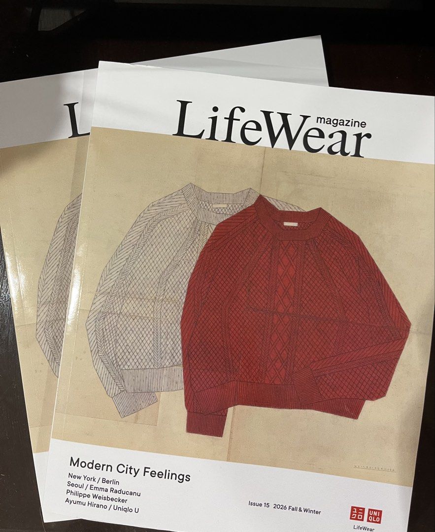 LifeWear Magazine Issue 15 2026 Fall & Winter (Category: Magazines) located in Manila. Submitted by buddylicous (Listing ID 1471091576, Image 1). Description: - Item: LifeWear Magazine (Issue 15, Fall/Winter 2026) - Quantity: 2 copies with clean covers (Red and Grey knit sweater illustrations) - Theme: Modern City Feelings - Featured Content: New York, Berlin, Seoul, Emma Raducanu, Philippe Weisbecker, Ayumu Hirano, and Uniqlo U - Condition: Grea