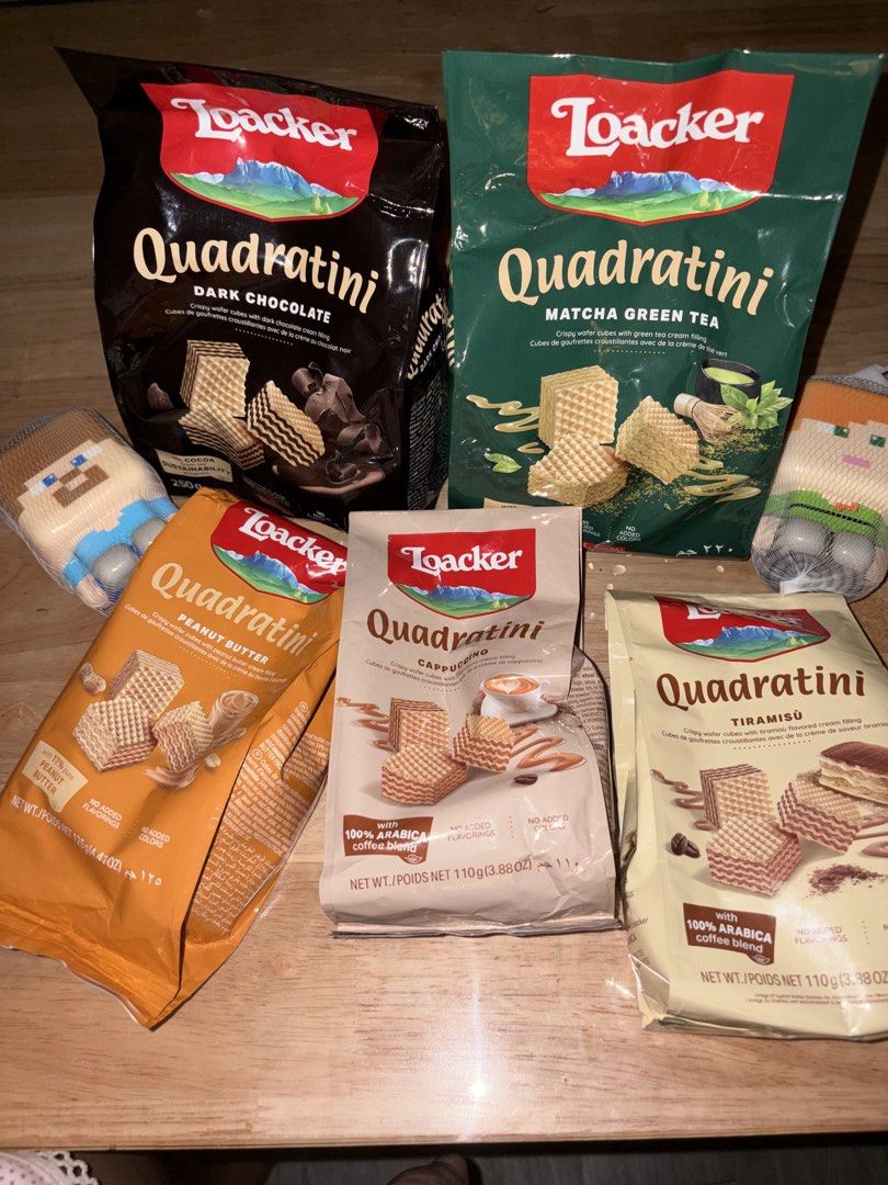 Loacker Quadratini Wafer Cookies Assorted Flavors (Category: Packaged & Instant Food) located in Makati City. Submitted by jlarz (Listing ID 1471080029, Image 1). Description: Loacker Quadratini crispy wafer cubes 📍Flavors: ✅Dark Chocolate 250g ✅Matcha Green Tea 250g ✅Peanut Butter 125g ✅Cappuccino 110g ✅Tiramisù 110g 250g at 220 110g at 100 - Condition: Brand new, sealed, and unopened - Perfect for daily snacking, movie nights, or sharing with 