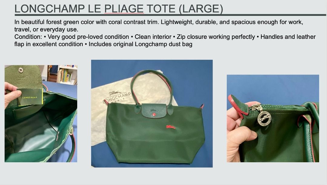 Longchamp Le Pliage Tote Large Forest Green (Category: Luxury Bags & Wallets) located in Makati City. Submitted by lovewa07 (Listing ID 1470961560, Image 1). Description: - Brand: Longchamp Le Pliage - Size: Large (spacious and lightweight) - Color: Forest green with coral contrast trim - Condition: Excellent, clean interior, smooth zip, well-maintained handles and leather flap - Ideal for: Work, daily use, or travel - Inclusions: Original Longch