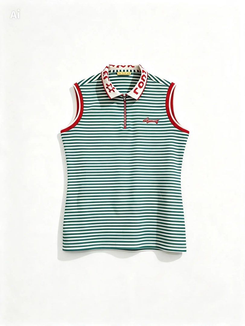 LOUIS CASTEL (Category: Sleeveless) located in Davao. Submitted by sart0ria85 (Listing ID 1470980520, Image 1). Description: A sleeveless stretchable shirt in green white stripes and orange collar with the company label.95%POLYESTER 5% POLYURETHANE MEDIUM. Size 6 EXCELLENT CONDITION (96/100).
