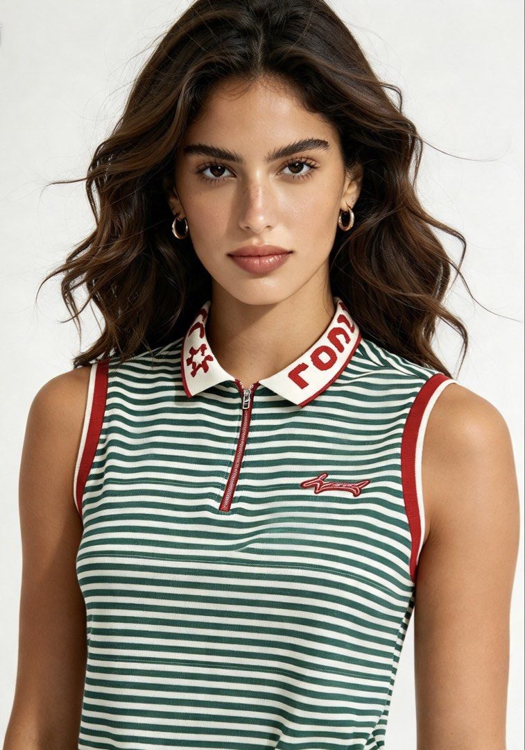 LOUIS CASTEL (Category: Sleeveless) located in Davao. Submitted by sart0ria85 (Listing ID 1470980520, Image 2). Description: A sleeveless stretchable shirt in green white stripes and orange collar with the company label.95%POLYESTER 5% POLYURETHANE MEDIUM. Size 6 EXCELLENT CONDITION (96/100).