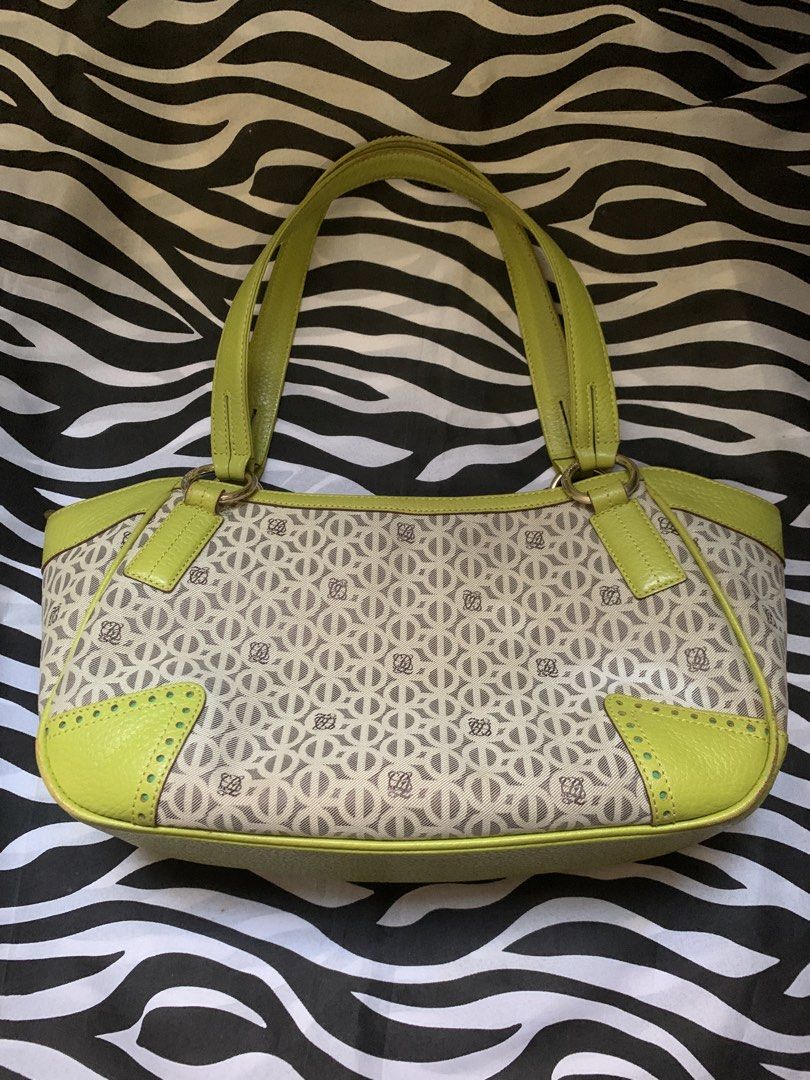 Louis Quatorze Y2k Shoulder Bag (Category: Luxury Bags & Wallets) located in Manila. Submitted by usagichan_rabbit (Listing ID 1471010064, Image 2). Description: Loewe shoulder bag in a lime green and beige colorway. Features the iconic Anagram monogram pattern across the canvas body. Center stripe in metallic gold snakeskin texture flanked by darker green leather. Dual leather shoulder straps and matching green leather trim with perforated corne