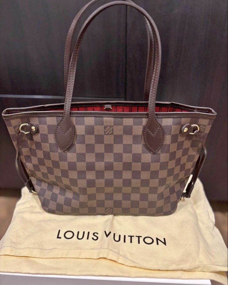 Authentic Louis Vuitton Damier Ebene Neverfull PM Tote Bag (Category: Luxury Bags & Wallets) located in Manila. Submitted by louisse_iya (Listing ID 1471097470, Image 1). Description: Bought in Paris 2 months ago - Brand: Louis Vuitton - Model: Neverfull PM - Material: Damier Ebene canvas with dark brown leather straps and gold-tone hardware - Interior: Red fabric lining with a zippered pocket and "Articles de Voyage" stamp - Origin: Made in Fran
