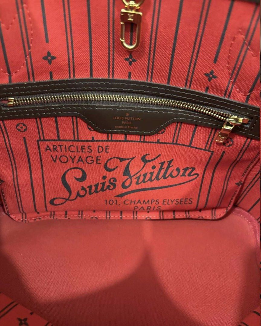 Authentic Louis Vuitton Damier Ebene Neverfull PM Tote Bag (Category: Luxury Bags & Wallets) located in Manila. Submitted by louisse_iya (Listing ID 1471097470, Image 2). Description: Bought in Paris 2 months ago - Brand: Louis Vuitton - Model: Neverfull PM - Material: Damier Ebene canvas with dark brown leather straps and gold-tone hardware - Interior: Red fabric lining with a zippered pocket and "Articles de Voyage" stamp - Origin: Made in Fran
