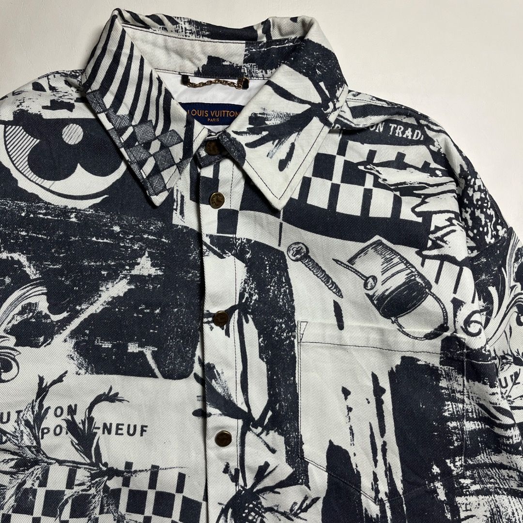 Louis Vuitton Denim Abstract Overshirt (Category: Coats, Jackets and Outerwear) located in Caloocan City. Submitted by achilles_grails (Listing ID 1471046640, Image 2). Description: - Brand: Louis Vuitton - Item: Denim Abstract Overshirt - Color: Black and white graphic print - Design: All-over abstract artwork with classic collar and chest pocket - Details: Branded metallic buttons and interior label - Style: Trendy streetwear / oversized fit.
