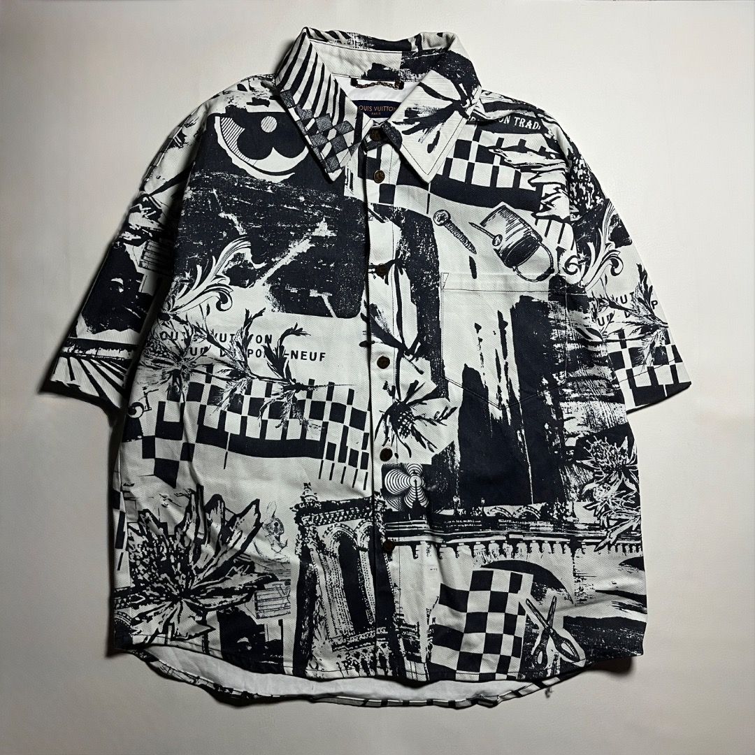 Louis Vuitton Denim Abstract Overshirt (Category: Coats, Jackets and Outerwear) located in Caloocan City. Submitted by achilles_grails (Listing ID 1471046640, Image 1). Description: - Brand: Louis Vuitton - Item: Denim Abstract Overshirt - Color: Black and white graphic print - Design: All-over abstract artwork with classic collar and chest pocket - Details: Branded metallic buttons and interior label - Style: Trendy streetwear / oversized fit.