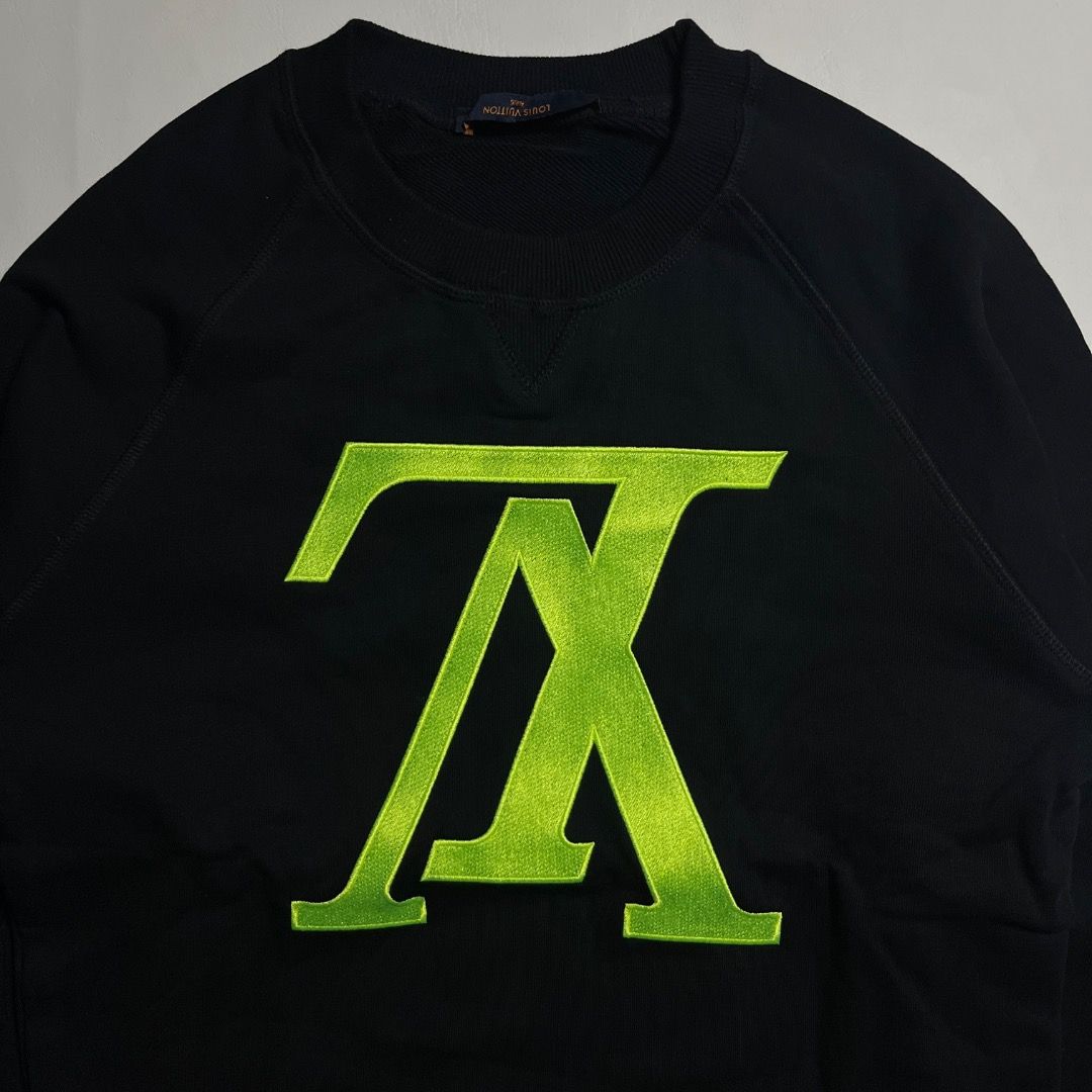 Louis Vuitton Reverse Neon Logo Sweater (Category: Coats, Jackets and Outerwear) located in Caloocan City. Submitted by achilles_grails (Listing ID 1471045651, Image 2). Description: - Brand/Model: Louis Vuitton Reverse Neon Logo Sweater - Color: Classic black with neon green inverted LV logo - Size: S (Made in Italy) - Design: Bold front logo embroidery/patch, ribbed crewneck, cuffs, and hem - Condition: Excellent, clean interior and exterior wi