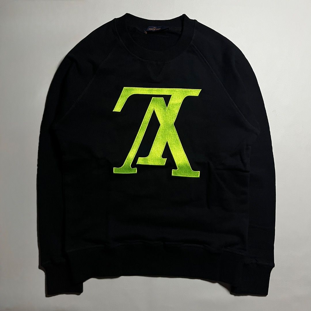 Louis Vuitton Reverse Neon Logo Sweater (Category: Coats, Jackets and Outerwear) located in Caloocan City. Submitted by achilles_grails (Listing ID 1471045651, Image 1). Description: - Brand/Model: Louis Vuitton Reverse Neon Logo Sweater - Color: Classic black with neon green inverted LV logo - Size: S (Made in Italy) - Design: Bold front logo embroidery/patch, ribbed crewneck, cuffs, and hem - Condition: Excellent, clean interior and exterior wi