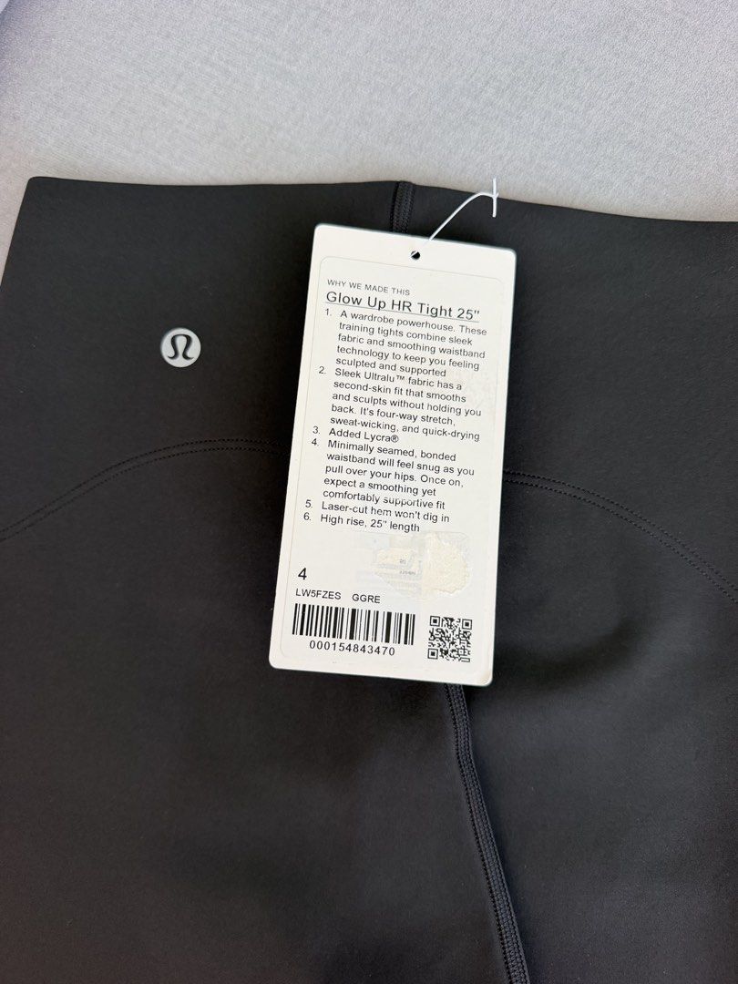Lululemon Glow Up HR Tight 25" Graphite Grey Size 4 (Category: Activewear) located in Lipa City. Submitted by pauline0303 (Listing ID 1471007239, Image 1). Description: - Brand: Lululemon - Style: Glow Up High Rise Tight 25" - Color: Graphite Grey - Size: AU/US 4 - Condition: Brand new with original hang tag attached - Fabric & Features: Sleek Ultralu fabric, four-way stretch, sweat-wicking - Design: Bonded waistband, minimized seams, and laser-c
