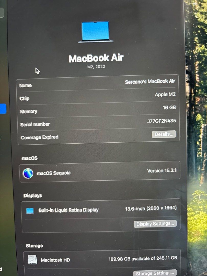 Macbook Air M2 16GB with box (Category: Laptops & Notebooks) located in Manila. Submitted by iam_elly6 (Listing ID 1471058594, Image 3). Description: FOR SALE‼️ MacBook Air M2 | Midnight | 16/256GB • Cycle Count: 131 • 98% BH • Condition: Normal •Complete inclusions with box and charger Meet up: Market-market/Pembo, Taguig City.