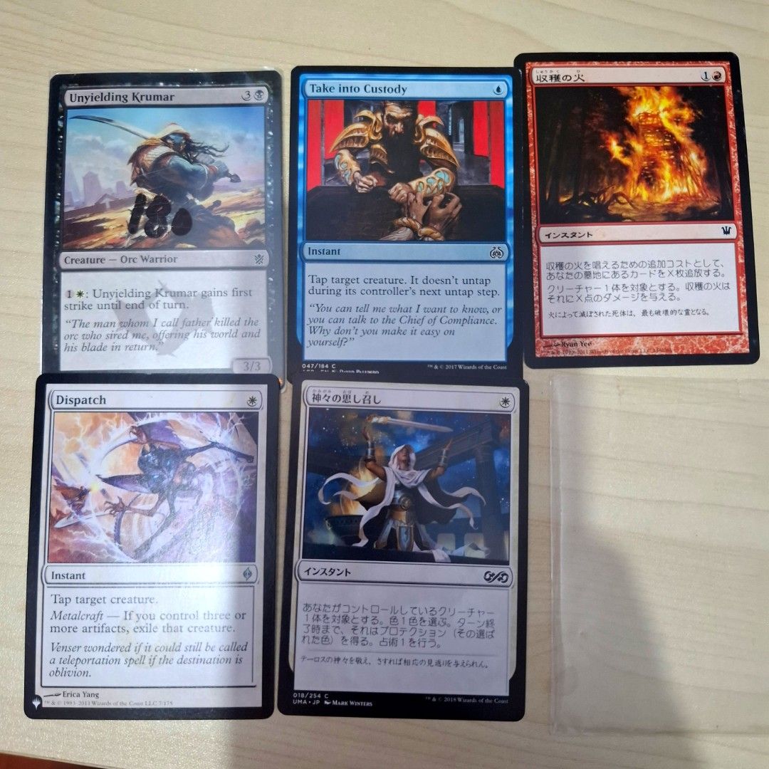 Magic the Gathering Cards Deckmaster - sold each (Category: Vintage Collectibles) located in Quezon City. Submitted by an.marie (Listing ID 1470937721, Image 2). Description: - Lot of 5 authentic Magic: The Gathering (MTG) trading cards - Includes English cards: Unyielding Krumar, Dispatch, and Take into Custody - Includes Japanese variant cards: Harvest Pyre (収穫の火) and Gods Willing (神々の思召) - Cards are in well-kept condition, ideal for players an