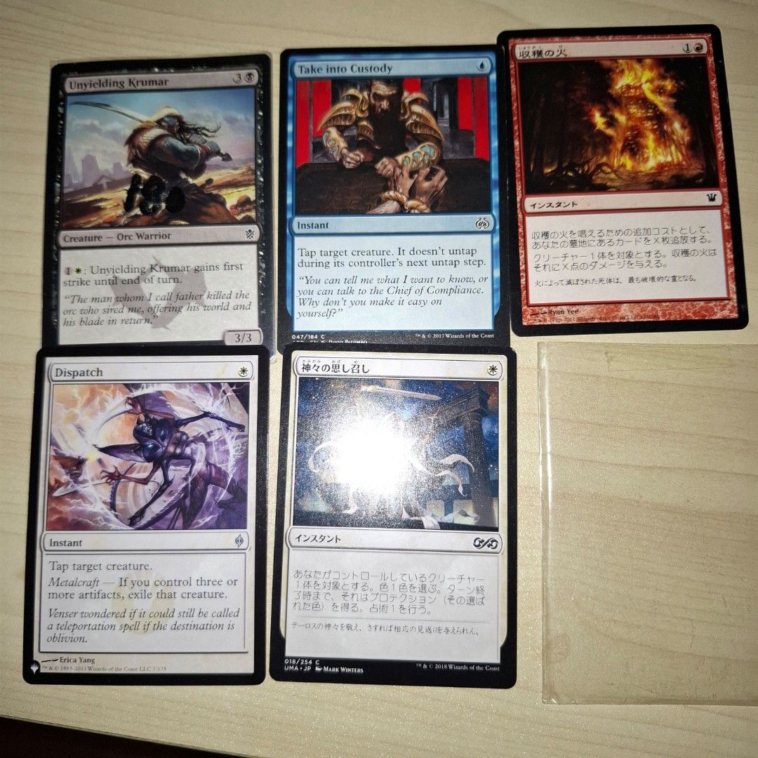 Magic the Gathering Cards Deckmaster - sold each (Category: Vintage Collectibles) located in Quezon City. Submitted by an.marie (Listing ID 1470937721, Image 3). Description: - Lot of 5 authentic Magic: The Gathering (MTG) trading cards - Includes English cards: Unyielding Krumar, Dispatch, and Take into Custody - Includes Japanese variant cards: Harvest Pyre (収穫の火) and Gods Willing (神々の思召) - Cards are in well-kept condition, ideal for players an