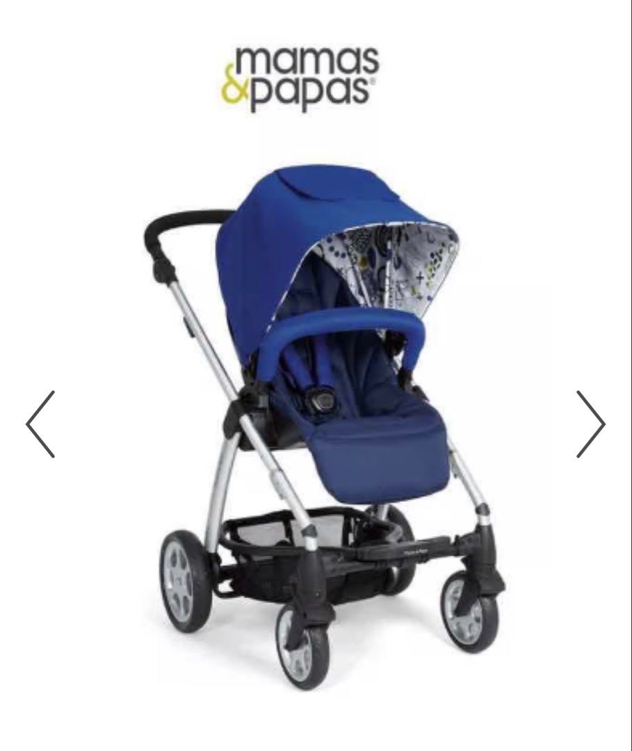 Mamas & Papas Sola 2 Stroller Blue (Category: Strollers) located in Rodriguez. Submitted by anjloving (Listing ID 1471074879, Image 1). Description: - Brand: Mamas & Papas Sola Stroller - Color: Blue with a stylish geometric pattern inside the canopy - Frame: Sturdy silver frame with all-terrain wheels - Seat: Reversible seat unit for parent-facing or world-facing views - Handle: Adjustable handle height for comfortable pushing - Storage: Large u