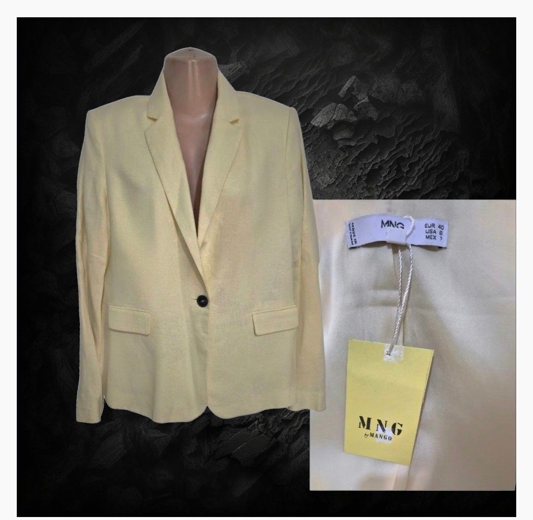 Mango Yellow Suit Set Blazer and Pants Size 40 (Category: Sets or Coordinates) located in Paranaque City. Submitted by calm_youngstore7 (Listing ID 1471070306, Image 2). Description: - Brand: Mango - Condition: Brand new with tags attached - Color: Light yellow - Size: EUR 40 / US 8 - Set includes: Single-button blazer and matching cropped trousers with cuffed hems - Trouser measurements: Waist 16.5 inches, Length 39.5 inches.