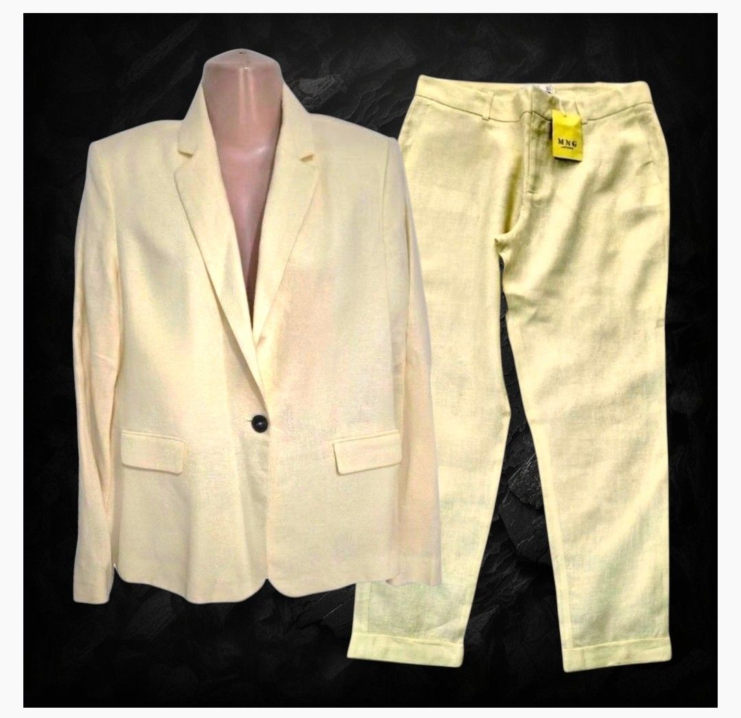 Mango Yellow Suit Set Blazer and Pants Size 40 (Category: Sets or Coordinates) located in Paranaque City. Submitted by calm_youngstore7 (Listing ID 1471070306, Image 1). Description: - Brand: Mango - Condition: Brand new with tags attached - Color: Light yellow - Size: EUR 40 / US 8 - Set includes: Single-button blazer and matching cropped trousers with cuffed hems - Trouser measurements: Waist 16.5 inches, Length 39.5 inches.