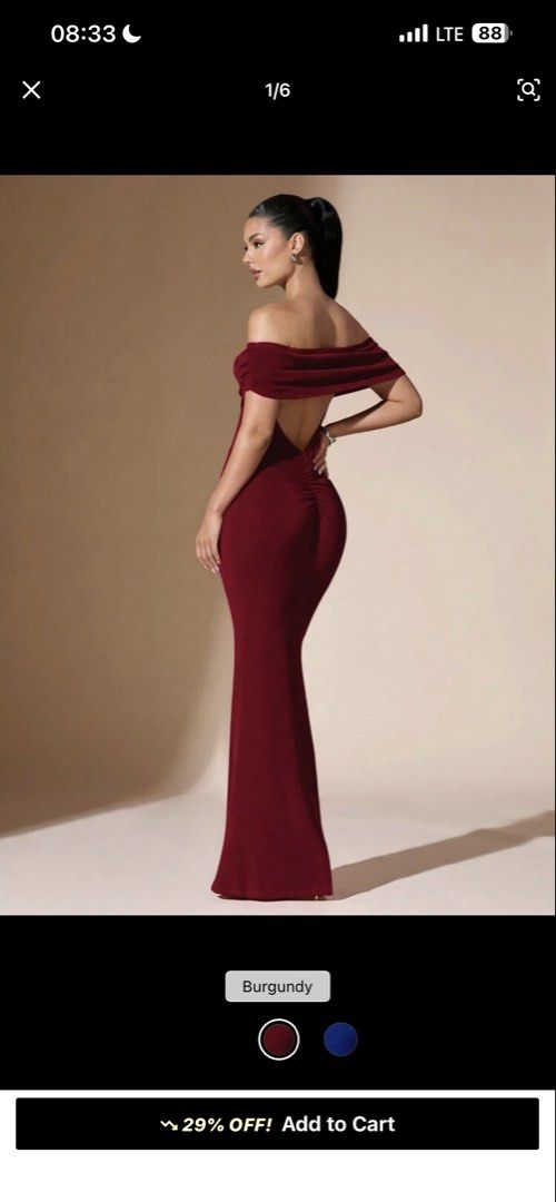 Maroon Off-Shoulder Long Evening Dress (Category: Evening dresses & gowns) located in Muntinlupa City. Submitted by saiki__ (Listing ID 1470934260, Image 2). Description: - Color: Deep maroon - Style: Off-shoulder with draped collar and floor-length silhouette - Fabric: Velvet-like textured material - Details: Ruched gathered detail at the lower back - Occasion: Perfect for formal events, dinners, or parties - Condition: Clean, excellent, and rea