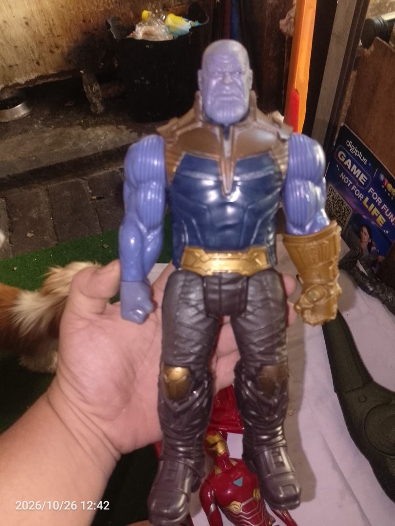 Marvel Avengers Thanos Action Figure Toy (Category: Figurines & Statues) located in Makati City. Submitted by gentlewind_f0e75e (Listing ID 1471101579, Image 1). Description: Thanos action figure from Marvel Avengers. Detailed purple skin, blue and gold body armor, and the Infinity Gauntlet on the left hand. Articulated joints in arms and legs. Great addition to any superhero toy collection. 700 each only 3 for 2k For sure buyer only meet up maka