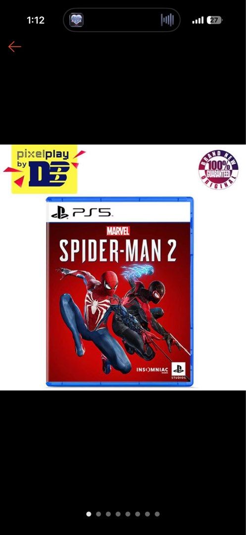 Marvel's Spider-Man 2 PS5 Game (Category: PlayStation) located in Binangonan. Submitted by katevargas (Listing ID 1471094162, Image 1). Description: - Game: Marvel's Spider-Man 2 - Platform: PlayStation 5 (Physical Disc) - Condition: Like new / Complete with standard case and cover art - Developer: Insomniac Games - Compatibility: Works on all standard PS5 consoles - Meetup or shipping available across the Philippines.