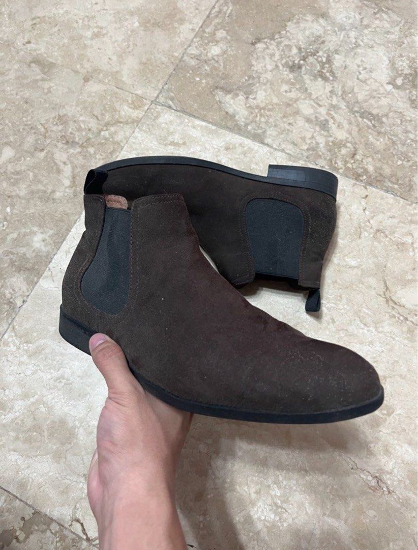 Men's Dark Brown Suede Chelsea Boots (Category: Boots) located in Manila. Submitted by neloluu (Listing ID 1471077685, Image 2). Description: H&M brown boots bought in H&M Makati - fits US 9 size - in very good condition - worn once, outside the country location is in mnl can do lbc.