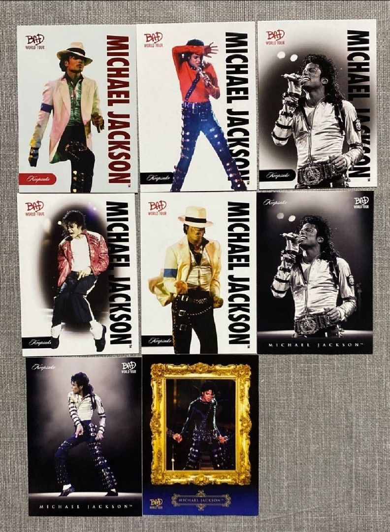 Michael Jackson Bad World Tour Keepsake Trading Cards Set (Category: Vintage Collectibles) located in Taytay. Submitted by king_ayamiku (Listing ID 1471116441, Image 1). Description: - Lot of 8 Michael Jackson Bad World Tour Keepsake Premiere Edition trading cards - Card numbers included: 12, 15, 19, 25, 26, 45, 53, and 234 - Card #25 features a unique stamped serial number in green - Features live performance shots and one framed portrait card -