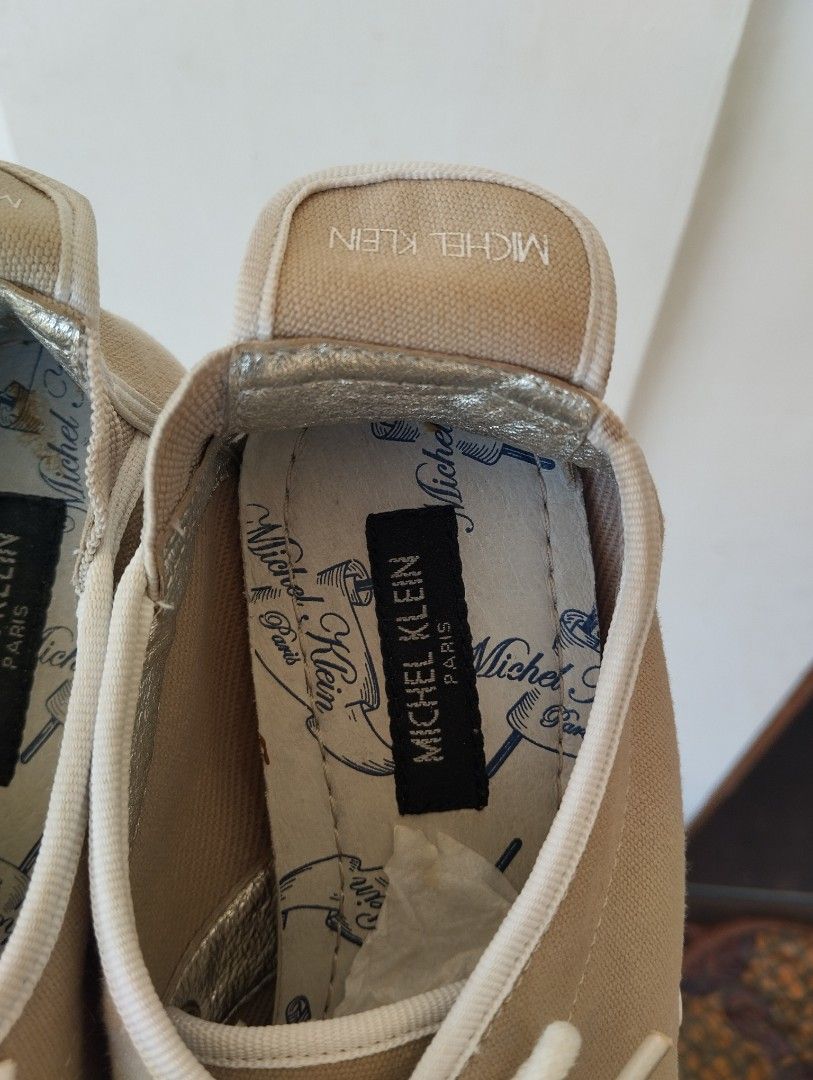 MICHEL KLEIN Paris Canvas Sneakers Size US 6 (Category: Sneakers) located in Candon. Submitted by bernabepradoiii (Listing ID 1470956663, Image 3). Description: - Brand: MICHEL KLEIN Paris - Item: Beige canvas sneakers with white laces and piping - Size: US 6 / UK 5 / EUR 38 / JPN 24.0 - Features: Silver inner lining, branded insoles, and back heel pull tab - Condition: Pre-loved with light sole wear, still very comfortable - Style: Casual, easy 