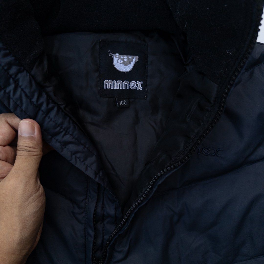 Minnex Black Puffer Jacket Size 100 (Category: Babies & Kids Fashion) located in Makati City. Submitted by changsversion (Listing ID 1471028002, Image 3). Description: - Brand: Minnex - Color: Black - Size: 100 on tag - Built-in adjustable hood with front guard - Trendy chevron quilting pattern - Front zip closure and slash pockets - Soft fleece-lined inner collar for extra warmth - Clean-finished cuffs.