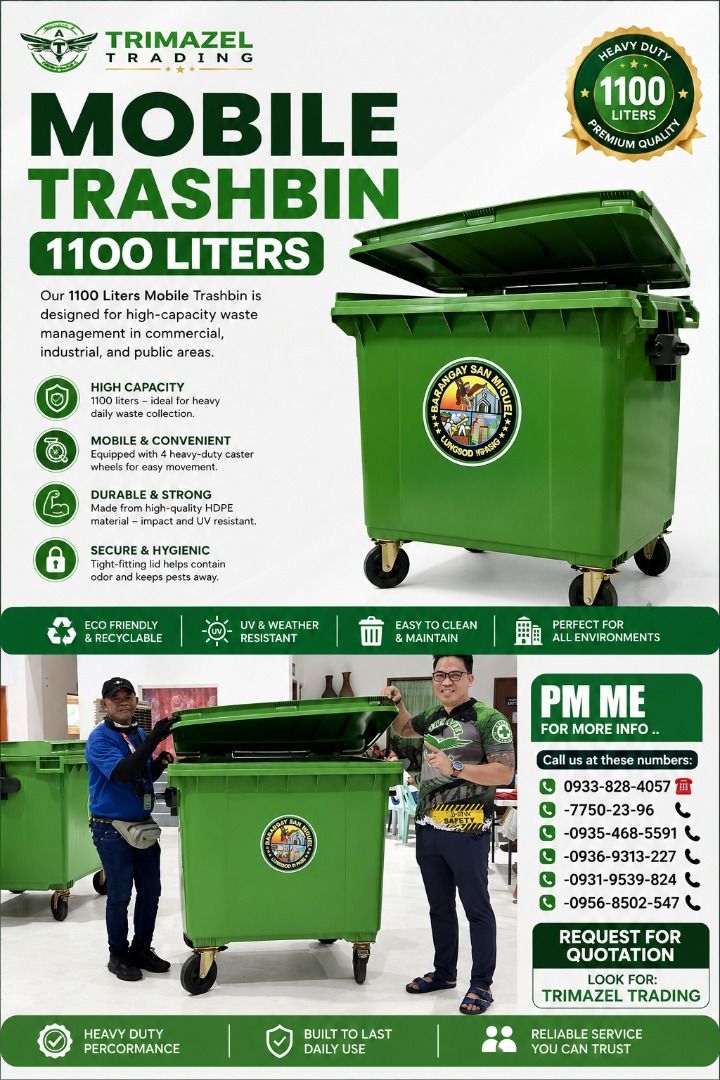 Mobile trash bin (Category: Waste Bins & Bags) located in Quezon City. Submitted by irishbayaban20 (Listing ID 1470996827, Image 1). Description: ✅ Guaranteed lowest price ✅ Quality products ✅ 100% LEGIT TRUSTED SUPPLIER! ✅ With Complete Legal Documents ✅ BIR Registered We Supply All Kinds Of PPE Supplies, Raincoat, Hard Hat, Cooler Box, Plastic Trash Bin, Road Barriers, Kayak Boats, Crystal Kayak, Traffic Cone, T-Bollards & All Kinds Of Safety S
