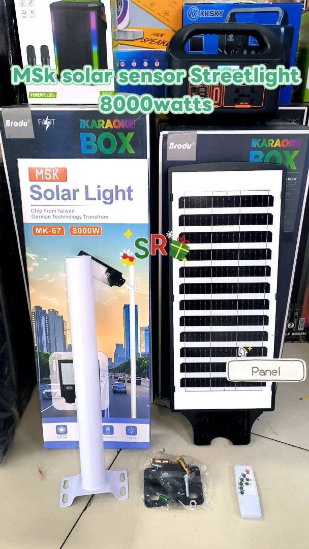 MSK Solar Light MK-67 8000W Sensor Streetlight (Category: Lighting) located in Manila. Submitted by ericklee23 (Listing ID 1471001893, Image 2). Description: - Brand/Model: MSK MK-67 Solar Street Light - Power Output: Massive 8000 watts - Technology: Built with Taiwan chip and German tech transformation - Inclusions: Light fixture, mounting pole, mounting hardware, and remote control - Condition: Brand new with original box in the background - Ap