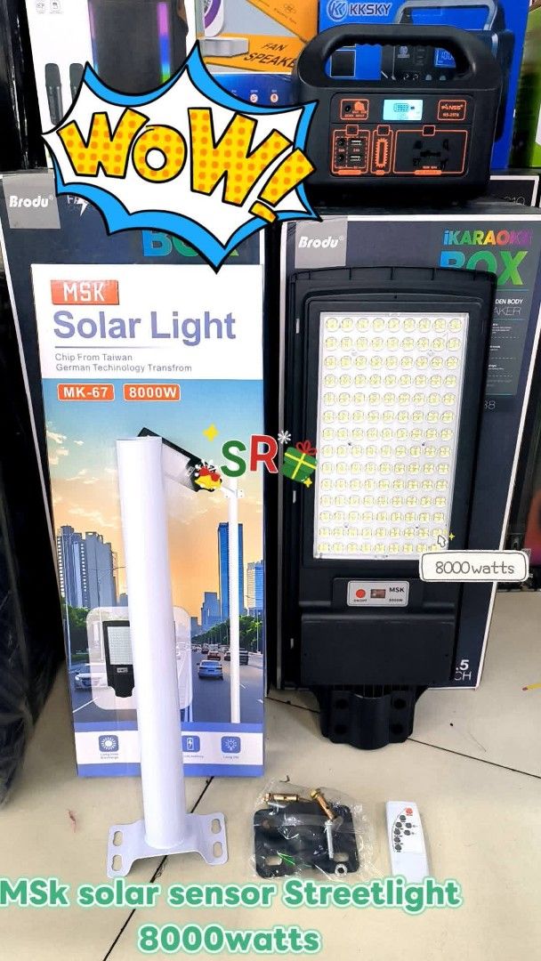 MSK Solar Light MK-67 8000W Sensor Streetlight (Category: Lighting) located in Manila. Submitted by ericklee23 (Listing ID 1471001893, Image 3). Description: - Brand/Model: MSK MK-67 Solar Street Light - Power Output: Massive 8000 watts - Technology: Built with Taiwan chip and German tech transformation - Inclusions: Light fixture, mounting pole, mounting hardware, and remote control - Condition: Brand new with original box in the background - Ap