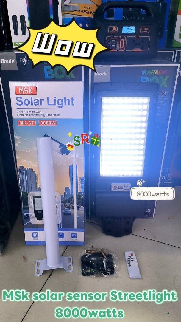 MSK Solar Light MK-67 8000W Sensor Streetlight (Category: Lighting) located in Manila. Submitted by ericklee23 (Listing ID 1471001893, Image 1). Description: - Brand/Model: MSK MK-67 Solar Street Light - Power Output: Massive 8000 watts - Technology: Built with Taiwan chip and German tech transformation - Inclusions: Light fixture, mounting pole, mounting hardware, and remote control - Condition: Brand new with original box in the background - Ap