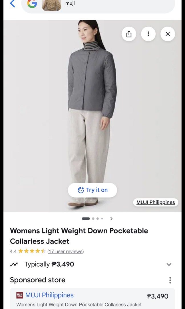 MUJI WOMENS LIGHTWEIGHT DOWN POCKETABLE COLLARLESS JACKET (Category: Coats, Jackets and Outerwear) located in Dagupan City. Submitted by size.spectrum (Listing ID 1471015054, Image 2). Description: SIZE SMALL LIKE NEW SEE PICS FOR DETAILS AND MEASUREMENTS.