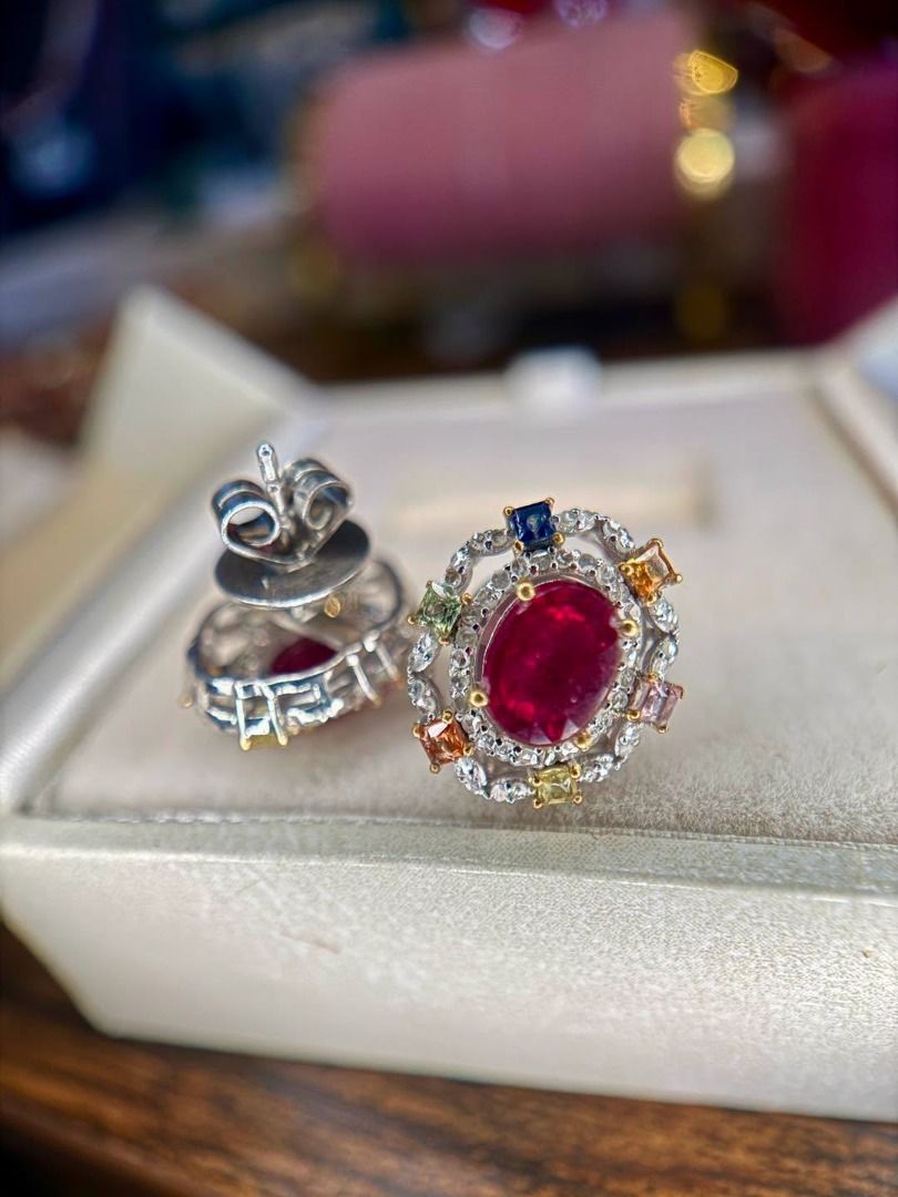 Natural Ruby, Diamonds & Multicolored Sapphires in 925 Silver Setting (Category: Earrings) located in Baguio. Submitted by asna_taku (Listing ID 1471025477, Image 2). Description: ❤️ Natural Ruby, Diamonds & Multicolored Sapphires in 925 Silver Setting 💎 Ruby red with a colorful sparkle! ❤️✨ For the ladies who love distinctive gemstone jewelry, this gorgeous pair combines vibrant natural rubies with sparkling natural diamonds and multicolored sa