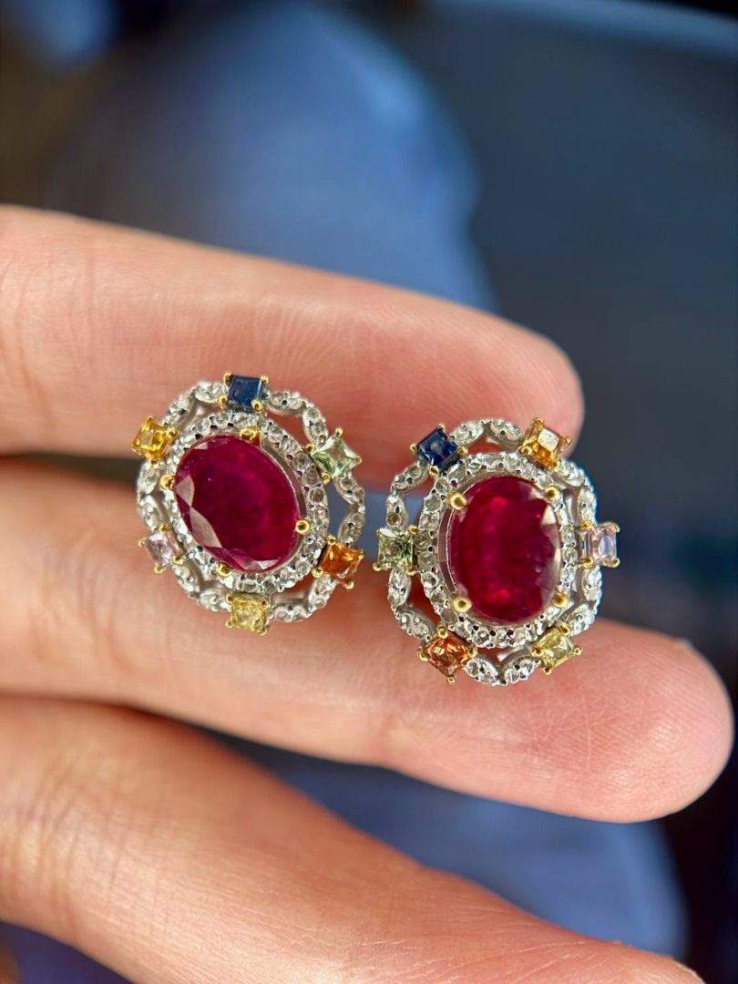 Natural Ruby, Diamonds & Multicolored Sapphires in 925 Silver Setting (Category: Earrings) located in Baguio. Submitted by asna_taku (Listing ID 1471025477, Image 1). Description: ❤️ Natural Ruby, Diamonds & Multicolored Sapphires in 925 Silver Setting 💎 Ruby red with a colorful sparkle! ❤️✨ For the ladies who love distinctive gemstone jewelry, this gorgeous pair combines vibrant natural rubies with sparkling natural diamonds and multicolored sa