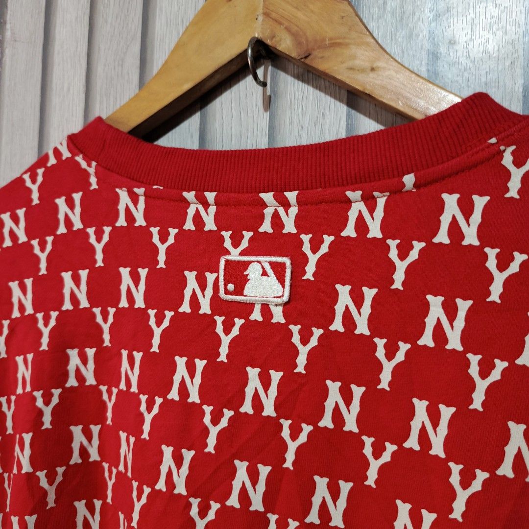 New York Yankees MLB Red Monogram Print Sweatshirt (Category: Coats, Jackets and Outerwear) located in Manila. Submitted by gbryanrave27905 (Listing ID 1471078558, Image 3). Description: 📌 Authentic MLB New York Yankees monogram sweatshirt in bold red 📌 Features embroidered NY logo on chest and official MLB 📌 Classic crewneck design with comfortable ribbed cuffs and hem 📌 Relaxed, cozy fit made from warm material 📌Size XL (Mens) issue minor 