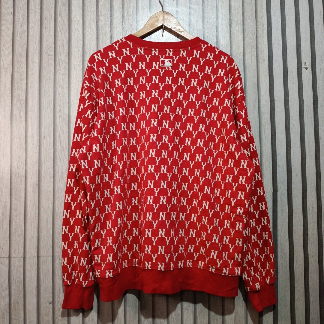 New York Yankees MLB Red Monogram Print Sweatshirt (Category: Coats, Jackets and Outerwear) located in Manila. Submitted by gbryanrave27905 (Listing ID 1471078558, Image 2). Description: 📌 Authentic MLB New York Yankees monogram sweatshirt in bold red 📌 Features embroidered NY logo on chest and official MLB 📌 Classic crewneck design with comfortable ribbed cuffs and hem 📌 Relaxed, cozy fit made from warm material 📌Size XL (Mens) issue minor 