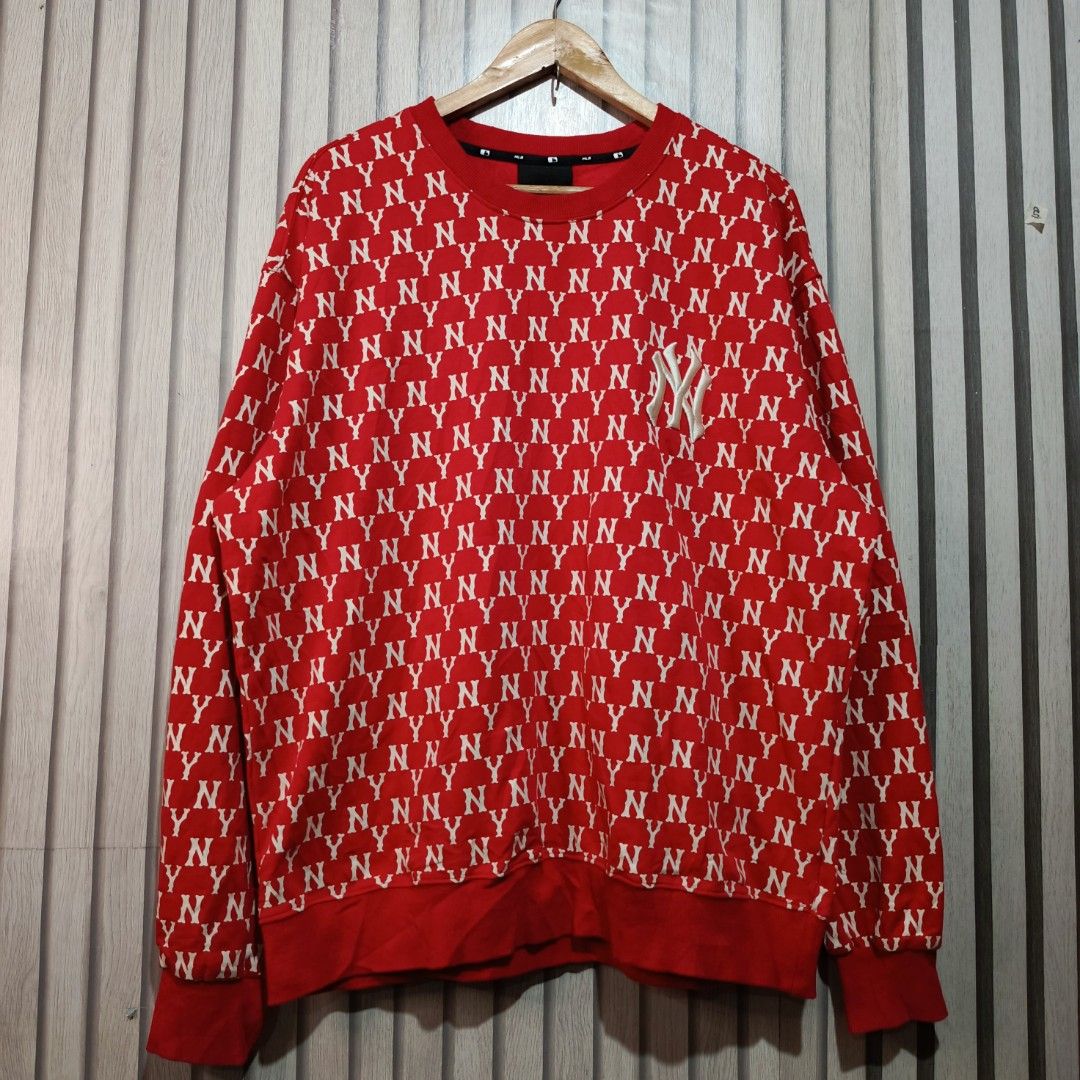 New York Yankees MLB Red Monogram Print Sweatshirt (Category: Coats, Jackets and Outerwear) located in Manila. Submitted by gbryanrave27905 (Listing ID 1471078558, Image 1). Description: 📌 Authentic MLB New York Yankees monogram sweatshirt in bold red 📌 Features embroidered NY logo on chest and official MLB 📌 Classic crewneck design with comfortable ribbed cuffs and hem 📌 Relaxed, cozy fit made from warm material 📌Size XL (Mens) issue minor 