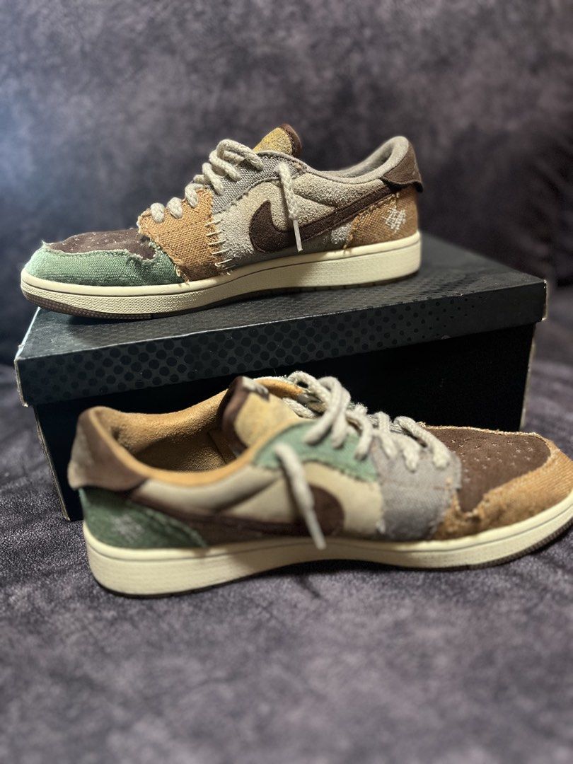 Nike Air Jordan 1 Low Voodoo Size US 8.5 (Category: Sneakers) located in Manila. Submitted by willllll.owl (Listing ID 1471044909, Image 2). Description: - Model: Nike Air Jordan 1 Low Voodoo Edition - Size: US 8.5 Men's - Colorway: Brown, green, and grey patchwork with exposed stitching - Details: Unique rope-style laces and graphic insoles - without box - Condition: 100% authentic and ready to ship -Negotiable .