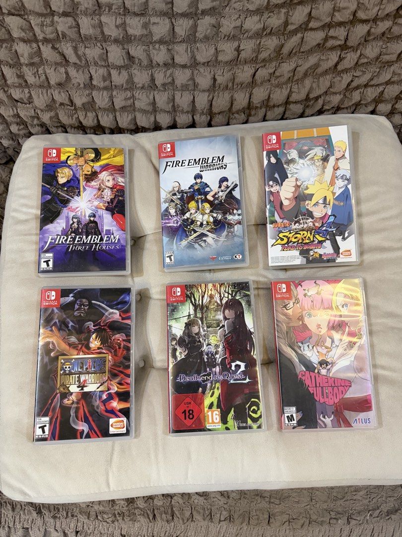 Nintendo Switch Physical Game Cartridges Assorted Titles (Category: Nintendo) located in Manila. Submitted by daraxxii (Listing ID 1471044051, Image 2). Description: 🎮 NINTENDO SWITCH GAMES FOR SALE 🎮 📌 Second-hand games, all prices in PHP 1. Fire Emblem: Three Houses — ₱2,000 2. Fire Emblem Warriors — ₱1,000 3. Naruto Shippuden: Ultimate Ninja Storm 4 Road to Boruto — ₱1,250 4. One Piece: Pirate Warriors 4 — ₱1,250 5. Catherine: Full Body — ₱