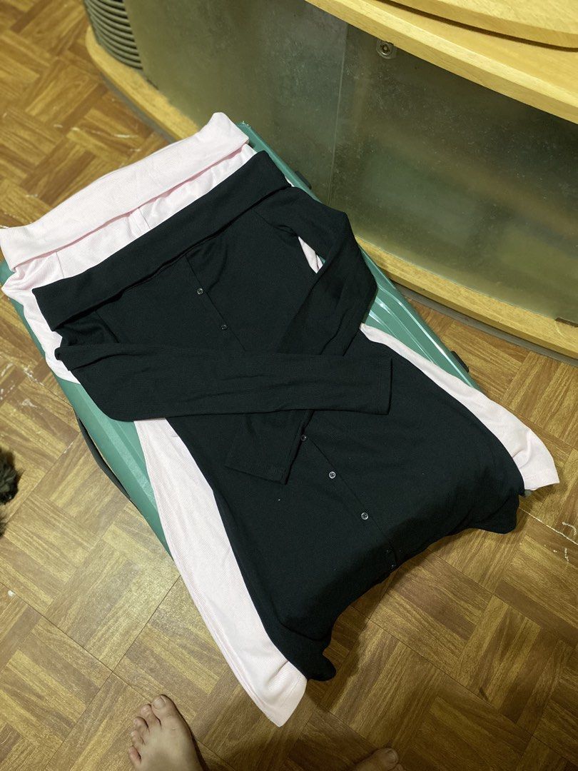 Off-shoulder ribbed button-down dresses black and pink (Category: Dresses) located in Batangas. Submitted by lux_kimmy (Listing ID 1470965808, Image 1). Description: - Set of 2 dresses: Black and Pink - Style: Off-shoulder with chic foldover neckline and long sleeves - Detail: Functional front buttons - Fabric: Super stretchy, soft, and comfortable - Occasion: Great for casual daily wear or going out.