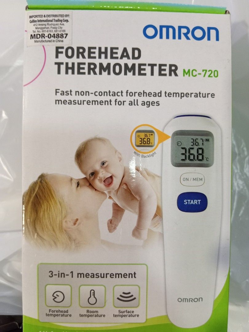 Omron Forehead Thermometer MC-720 (Category: Thermometers) located in Manila. Submitted by happyhawk.fb94fe (Listing ID 1471054647, Image 1). Description: - 100% Authentic Omron MC-720 Forehead Thermometer (comes in original box with plastic tray) - Fast and non-contact temperature measurement, safe for all ages - Versatile 3-in-1 function: measures forehead, room, and surface temperatures - Clear digital display with backlight for easy reading e